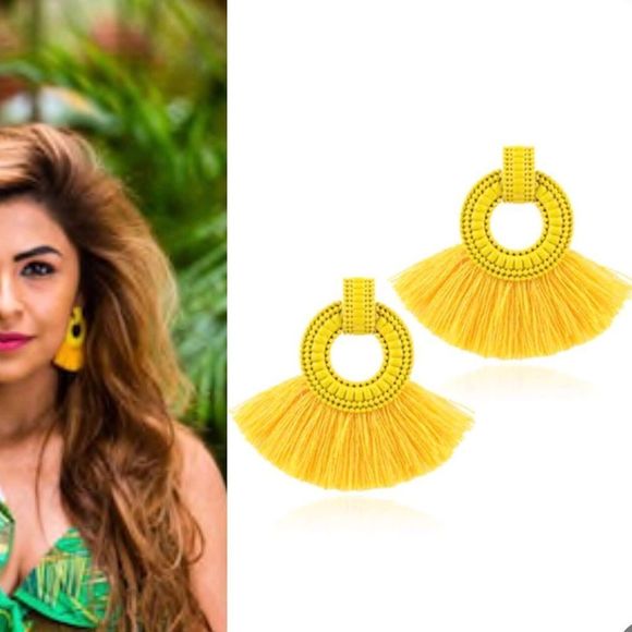 Statement Yellow Fringe Earrings Circle Textured